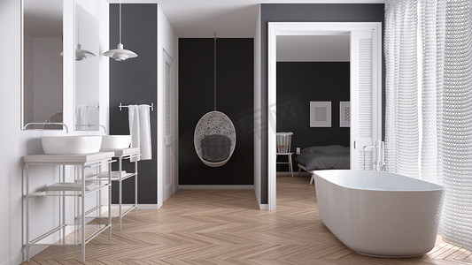 极简背景白色摄影照片_极简主义白色和灰色斯堪的纳维亚浴室的卧室 