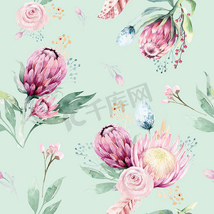 手绘粉色花朵背景摄影照片_手绘天衣无缝的水彩花图案,配以月桂花、树叶、枝条和花朵.波希米亚金粉色图案的脯氨酸。贺卡的背景.