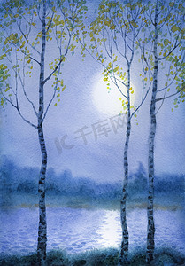 浪漫蓝色水彩背景摄影照片_水彩风景。春天的白桦树在河的附近