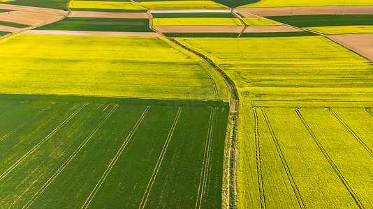 五颜六色的摄影照片_春天五颜六色的农田，空中无人机视图