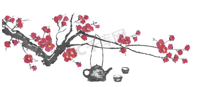 相思摄影照片_中国茶道和樱花的枝条。粉红和红色的梅花和野生樱桃的花色。水彩和水墨插图的树的风格相思, 去华, u 罪。东方传统绘画. 