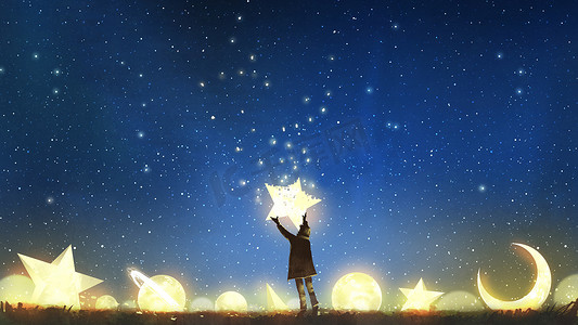 绘画插图摄影照片_美丽的风景显示年轻的男孩站在发光的行星和藏品的明星在夜空中, 数字艺术风格, 插图绘画