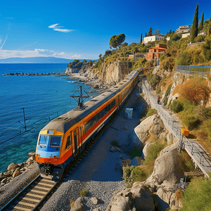 (9)摄影照片_海洋与火车沿着海岸陶尔米纳西西里岛意大利2016年9月
