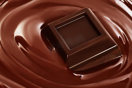 融化的巧克力和巧克力棒的漩涡。黑巧克力包装设计, 广告海报, 模板