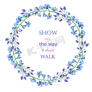 蓝邀请函摄影照片_A circle frame border (wreath) of the blue flowers of bluebell, painted in a watercolor on a white background, greeting card, decoration postcard or invitation