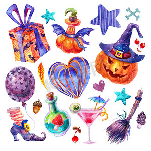 可爱的水彩画集万圣节派对。气球，僵尸鸡尾酒、 礼物、 星、 心、 药水、 眼、 扫帚、 飞金顶，南瓜帽子、 浆果、 叶，女巫的引导，骨分离在白色背景上的插图