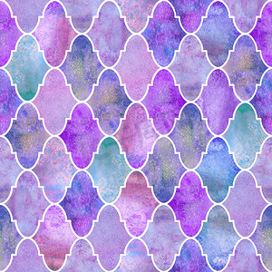 老式装饰摩洛哥无缝图案。水彩手画彩色紫色彩绘玻璃窗口设计。水彩几何东方元素。印花纺织品, 墙纸, 包装