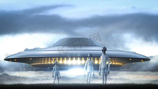 三个务必摄影照片_在withe space suite降落在风景上的三个外星人和背景明亮的ufo的长镜头-概念艺术- 3D渲染 