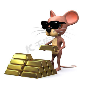 3d 滑稽卡通鼠标戴着太阳镜, 数着金色的黄金财富