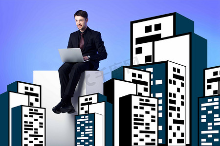 微笑的商人与笔记本电脑坐在白色块之间绘制建筑物蓝色