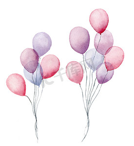 水彩空气气球。手绘包的党粉红色, 蓝色, 紫色气球孤立的白色背景。问候装饰