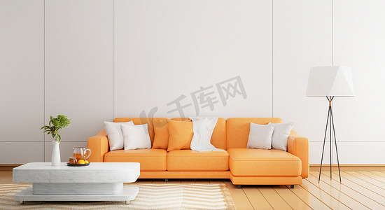 floor摄影照片_Cozy orange sofa in modern white wooden wall in empty room with plants orange juice carpet and floor lamp on wooden planks parquet floor. Architecture and interior concept. 3D illustration rendering