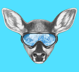 小鹿与滑雪护目镜的肖像.