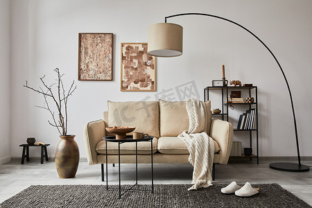 Stylish composition of elegant living room interior design with mock up poster frames, metal and wooden shelf, sofa, vintage vases and personal accessories. White wall. Copy space. Template