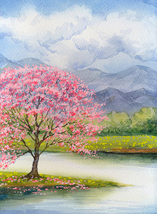 水彩风景。湖边的粉红树开花