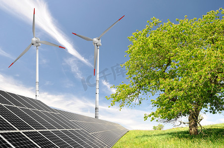 太阳能电池板和风力涡轮机
