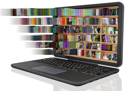 3D插图。图书馆，有很多书，在笔记本电脑里面。电子书、电子书，可在便携式计算机设备上下载