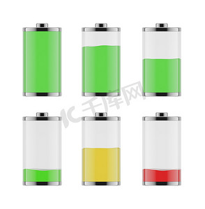 An illustration of the six batteries with different level of charge from low to full. On white background.