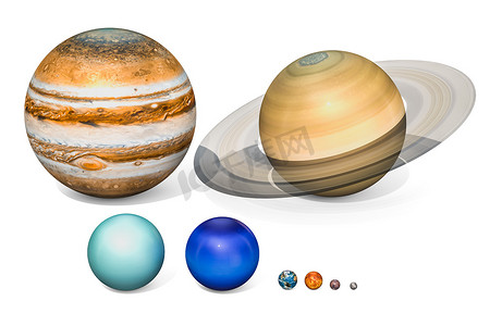 太阳系的行星。木星, 土星, 天王星, Neptuno, 地球, 金星, 火星, 水星。在白色背景上隔离3d 渲染