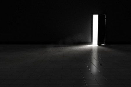 明亮的灯光照耀在昏暗的房间里打开大门。背景