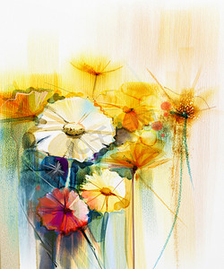 手绘黄色花朵摄影照片_抽象派水彩画的春天的花朵。静物的黄色、 粉红色和红色的非洲菊、 菊花. 