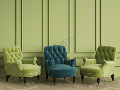 木插图摄影照片_绿椅间的翡翠经典簇绒椅正站在空荡荡的房间里。绿色的墙壁和地板实木复合木字形。数字插图。3d 渲染模拟