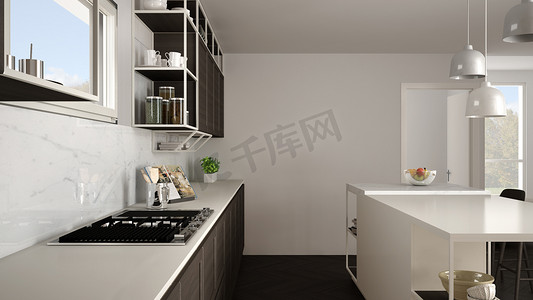 现代简约厨房摄影照片_现代白色厨房, 木制细节和镶木地板, 现代吊灯, 简约的室内设计理念, 岛屿与凳子和配件