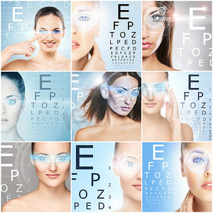 眼睛上有激光全息图的健康女性。关于眼睛扫描技术, 眼科和手术的拼贴。未来理念.