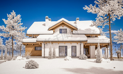 雪屋顶摄影照片_3d 渲染的木屋风格现代舒适的家 