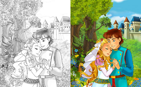 卡通场景与快乐的年轻男孩和女孩-公主和王子站在城堡附近-与着色页-插图为儿童