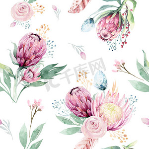 手绘天衣无缝的水彩花图案,配以月桂花、树叶、枝条和花朵.波希米亚金粉色图案的脯氨酸。贺卡的背景.