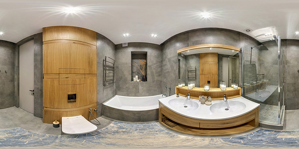 舒适的360赫德里全景，在昂贵的浴室的内部，在现代公寓与bidet和洗脸盆在等长方形投影与天顶和地底。VR AR内容