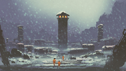 三囚犯在冬天被遗弃的监狱里行走数字艺术风格插画绘画