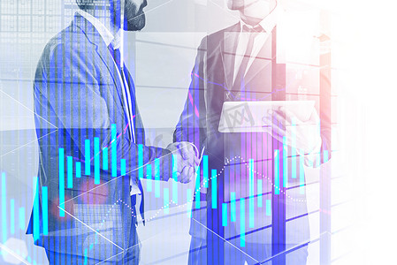 Two unrecognizable businessmen shaking hands. One of them is holding a tablet. Double exposure of skyscraper and blue forex graph. Stock market concept. Toned image