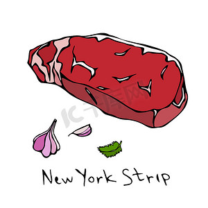 最受欢迎的牛排纽约条。牛肉切。屠宰店或牛排馆的肉类指南餐厅菜单。手绘插图。Savoyar 涂鸦风格.