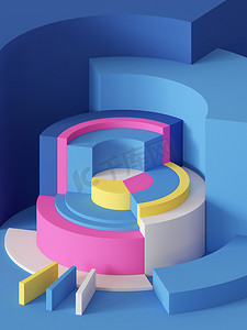 3d 渲染, 抽象几何背景, 原始形状, 圆筒, 扇形, 明亮的彩色方块