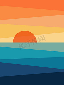 装饰斜线摄影照片_带斜线和日光浴装饰的海（黄、橙、蓝、绿松石）日出摘要