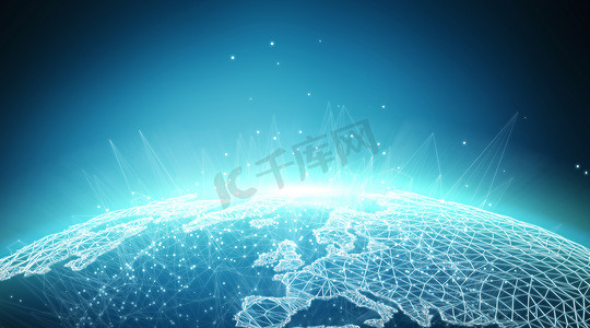 连接系统球体蓝色背景3d 渲染的全球世界观