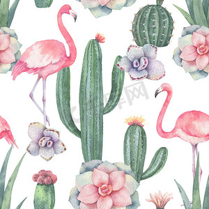 水彩仙人掌背景摄影照片_白色背景下的粉红色火烈鸟、仙人掌和多汁植物的水彩无缝图案.