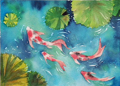 水彩画手绘，两只乌贼鱼在池塘里，象征好运与繁荣