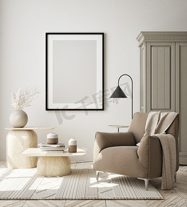 在现代室内环境、客厅、斯堪的纳维亚风格、 3D渲染、 3D插图中模拟海报框架