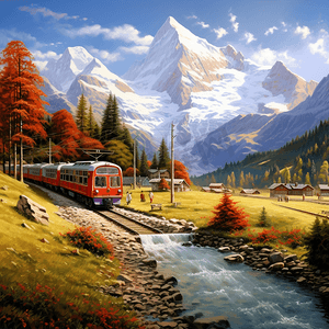 阿尔卑斯山脉摄影照片_阿尔卑斯山脉风景与火车