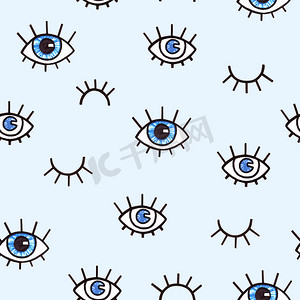 眼睛在蓝色背景上的无缝模式。波西米亚风格背景的设计。打开和关闭的眼睛的抽象打印。手工绘制。视觉艺术方向