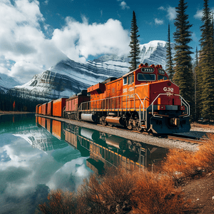 森林摄影照片_加拿大班夫国家公园的货运火车和湖泊森林
