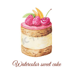 水彩手绘甜和美味的蛋糕与树莓,樱桃和其他浆果。水果甜点可用于卡片、明信片、结婚卡、邀请函、生日贺卡、菜单、食谱. 