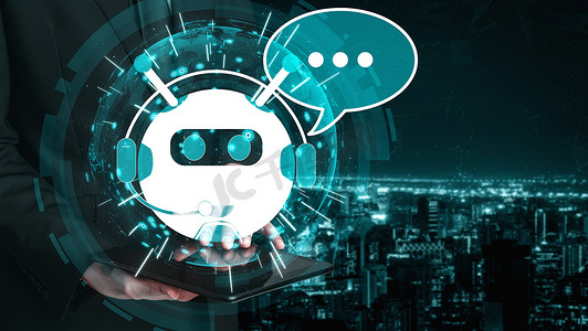 AI Chatbot智能数字客户服务应用概念。使用人工智能聊天机器人的计算机或移动设备应用程序自动在线回复消息，帮助客户即时.