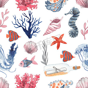 无缝图案与水彩贝壳, 珊瑚, 海星, 鱼, 水母, 海马和海藻