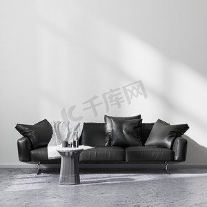 现代客厅内部，黑色沙发与金属咖啡桌明亮的房间与混凝土地面和白色墙壁，空墙模拟，3D渲染