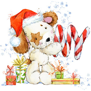 卡通新年贺卡摄影照片_可爱的卡通小狗水彩插图。圣诞节的背景。狗新年贺卡.