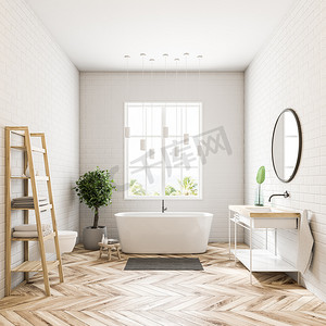 现代浴室内部有白色的墙壁, 一层木地板, 一个浴缸, 站在窗口下, 和货架。前视图3d 渲染模拟